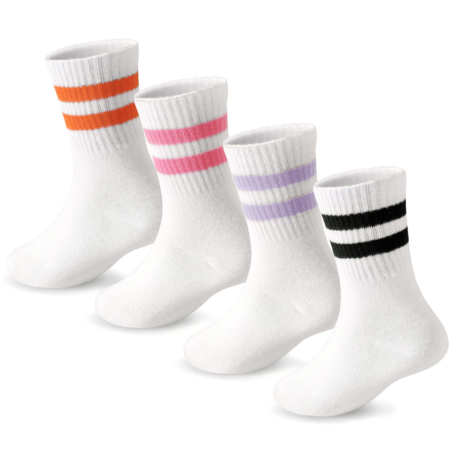 DRESHOW Girls Crew Socks Kids Athletic Socks with Hearts Striped 4 Pairs for Children 4-7 Years