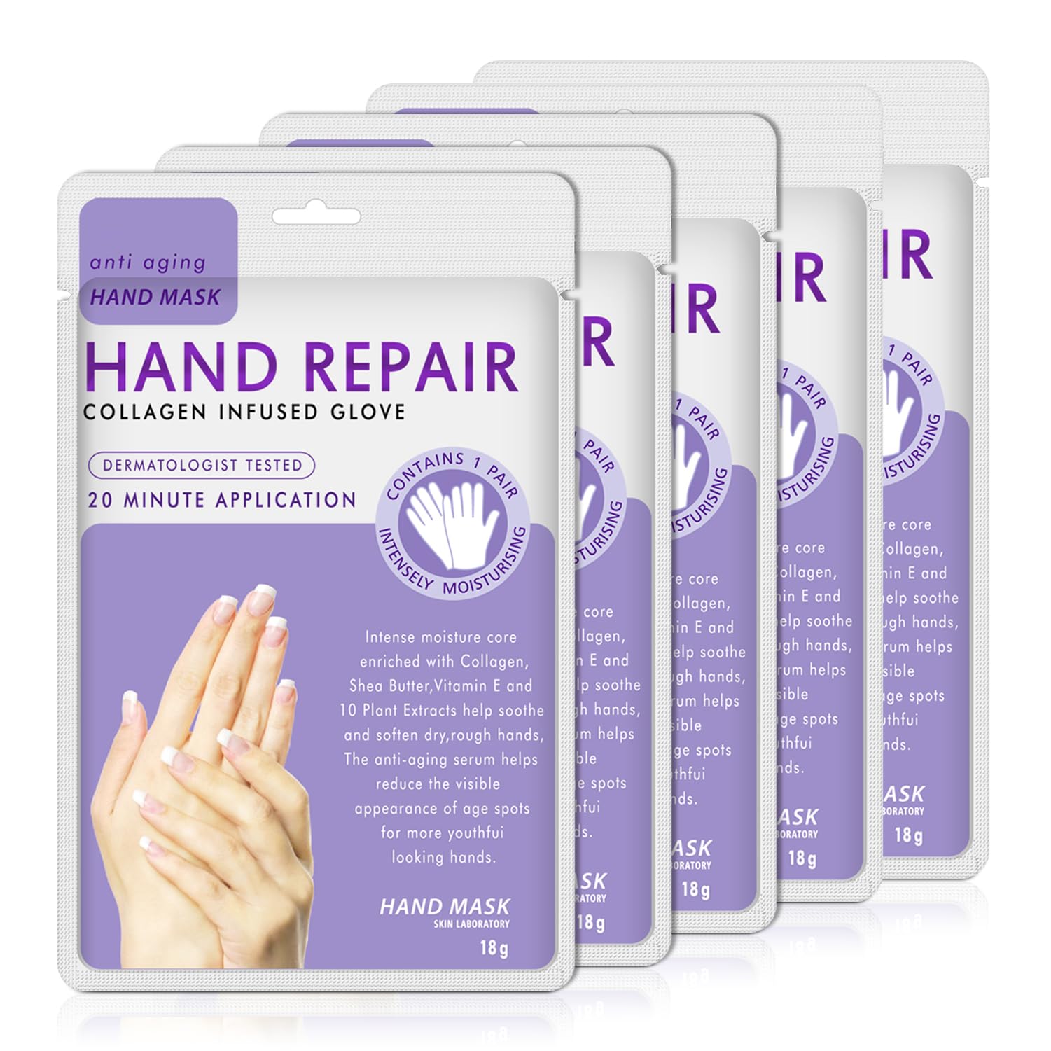 Maschera Mani 5 Paia, Guanti Idratanti Lavanda Con Collagene, Siero e Vitamine, per Mani Secche e Screpolate, Sbiancanti e Antietà, Riparazione Della Pelle Ruvida