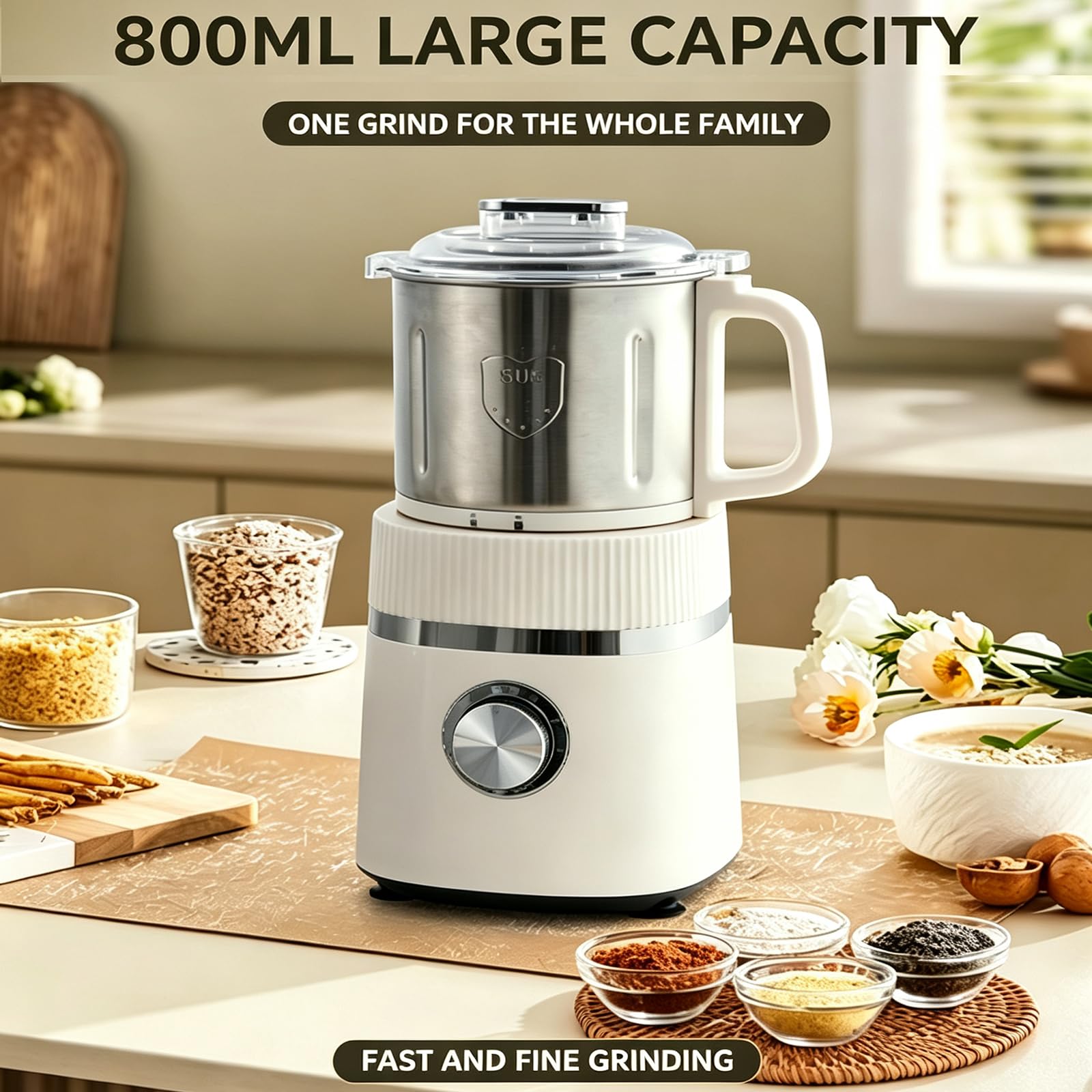 Macinino elettrico da 500 W, 800 g, in acciaio inox, con regolazione a 4 livelli, per caffè, spezie, grano, pepe, macinatura a secco/bagnato, coperchio rimovibile