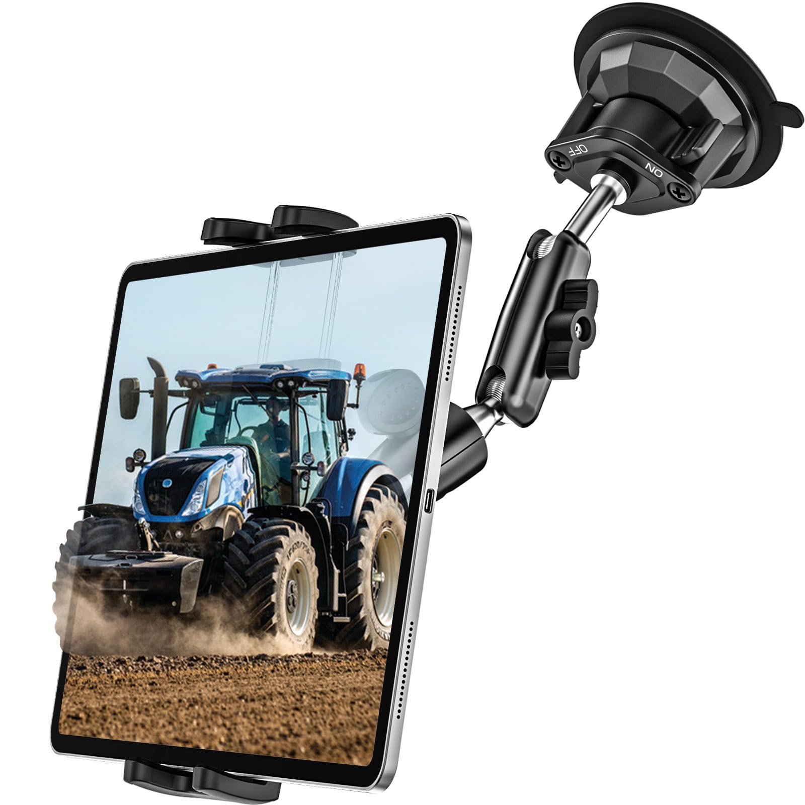 Soporte Tablet Tractor, Soporte Tablet para Tractor Parabrisas [Potente Ventosa], 360° Ajustable Brazo Metálico Porta Ventosa Tractor para iPad Pro Air Mini, Galaxy Tab, iPhone, 4-13" Tableta