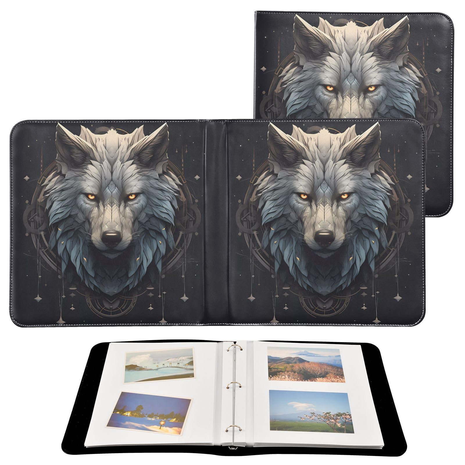 JIPONI Starry Snow Wolf Large Photo Album, DIY Leather Cover Scrapbook Albums for 4x6 5x7 6x8 Pictures, Self Adhesive Memory Book for Wedding, Baby, Family