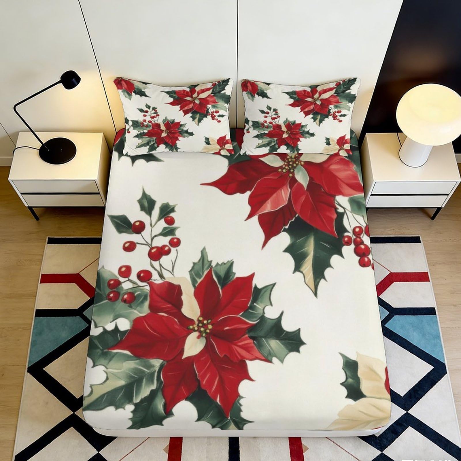 3D Printed Christmas Poinsettia Fitted Sheet Microfiber Soft Red Floral Holly Mattress Cover for Bedroom Guest Room Decor 90x200x25cm