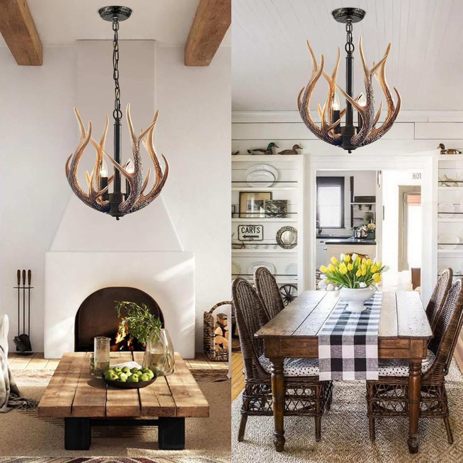 Rustic Antler Chandelier 2 Lights for Dining Room, Vintage Farmhouse Chandelier with 4 Resin Deer Chandeliers Adjustable Height Antler Light Fixtures for Dining Room Living Room Kitchen Foyer Entryway