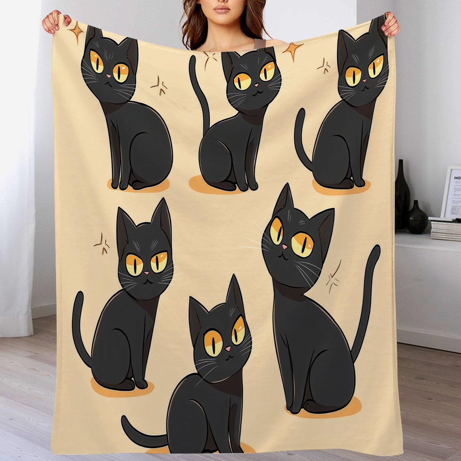 Manta Estampada Lindo Gato Negro, Suave y Mullida Ligera Franela Dibujos Animados Animales Negro Manta, para Adolescentes y Adultos habitación Cama Sofá y Viaje 180x200 cm