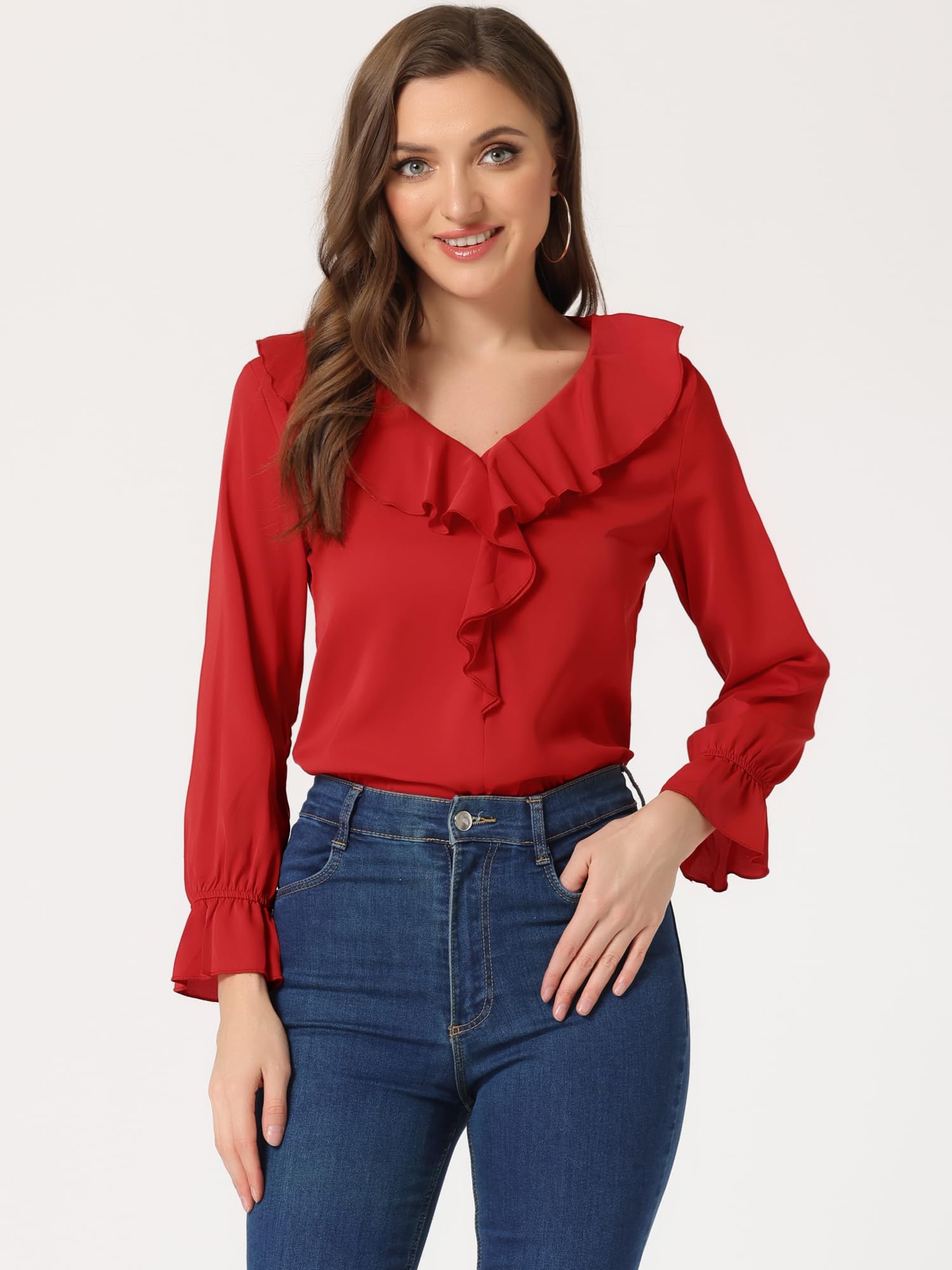 Allegra K Blouse à volants pour femme, élégante avec col en V et manches longues, idéale pour le travail ou les occasions décontractées ou habillées, Rouge, Taille XL