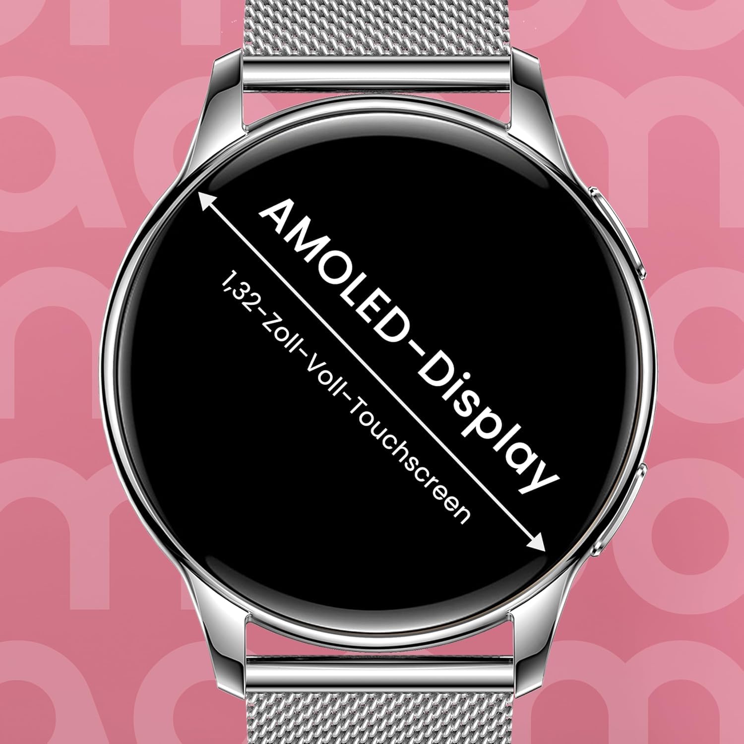 Maoo Ventura Smartwatch Damen 1,32 Zoll AMOLED Display Herzfrequenzmesser SPO₂ Blutdruckmesser IP67 wasserdicht 5 Armbänder Silber