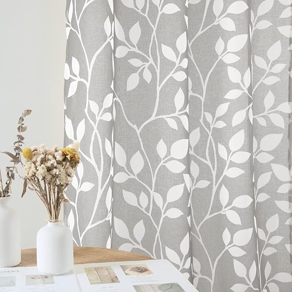 XTMYI Grey Linen Curtains 96 Inch Length Bundle with 96 Inch Grey Ivy Leaf Curtains for Living Room