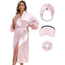Bride Robe for Wedding Day with Feather Trim Satin Robe for Women Bridal Party Long Silky Kimono