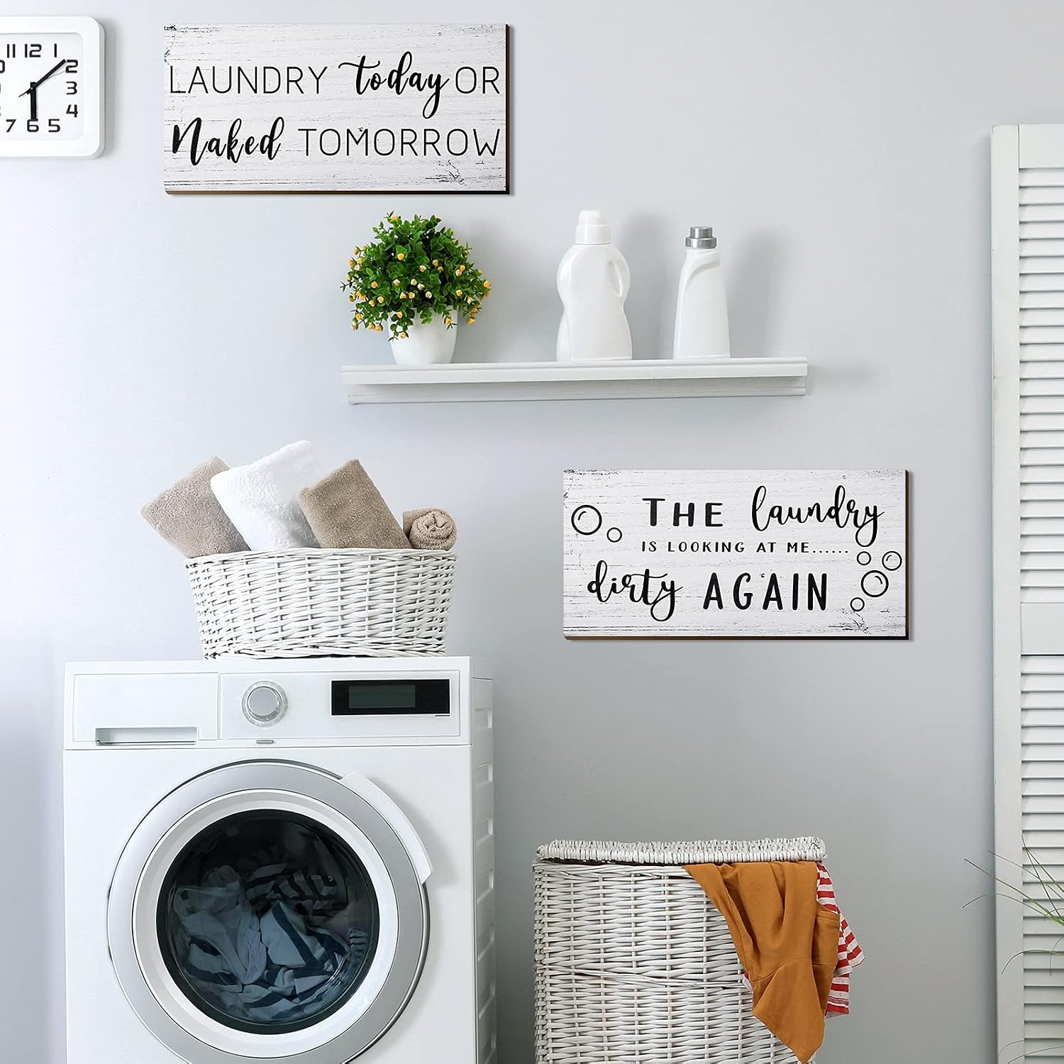 2 Pieces Laundry Room Decor Sign Rustic Farmhouse Bathroom Wall Decor Funny Laundry Signs, 12 x 6 Inch(White)