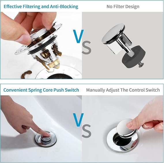 Bathroom Sink Plug Replacement, Brass Universal Pop Up Drain Stopper with Bounce Core, Bath Basin Plug Filter with Basket Hair Catcher, Push Type Sink Strainer No Overflow for Bathroom,34-38mm