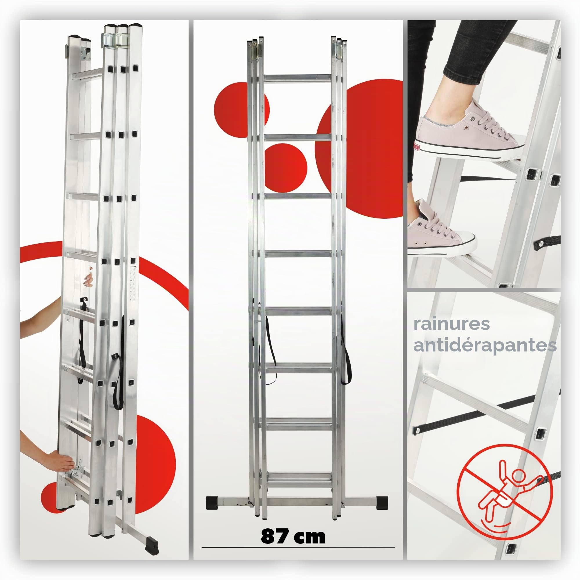 KADAX Échelle Transformable de 3 Plans, Échelle Coulissante en Aluminium, Échelle Double pour Travaux Domestiques et Professionnels (8 Marches)