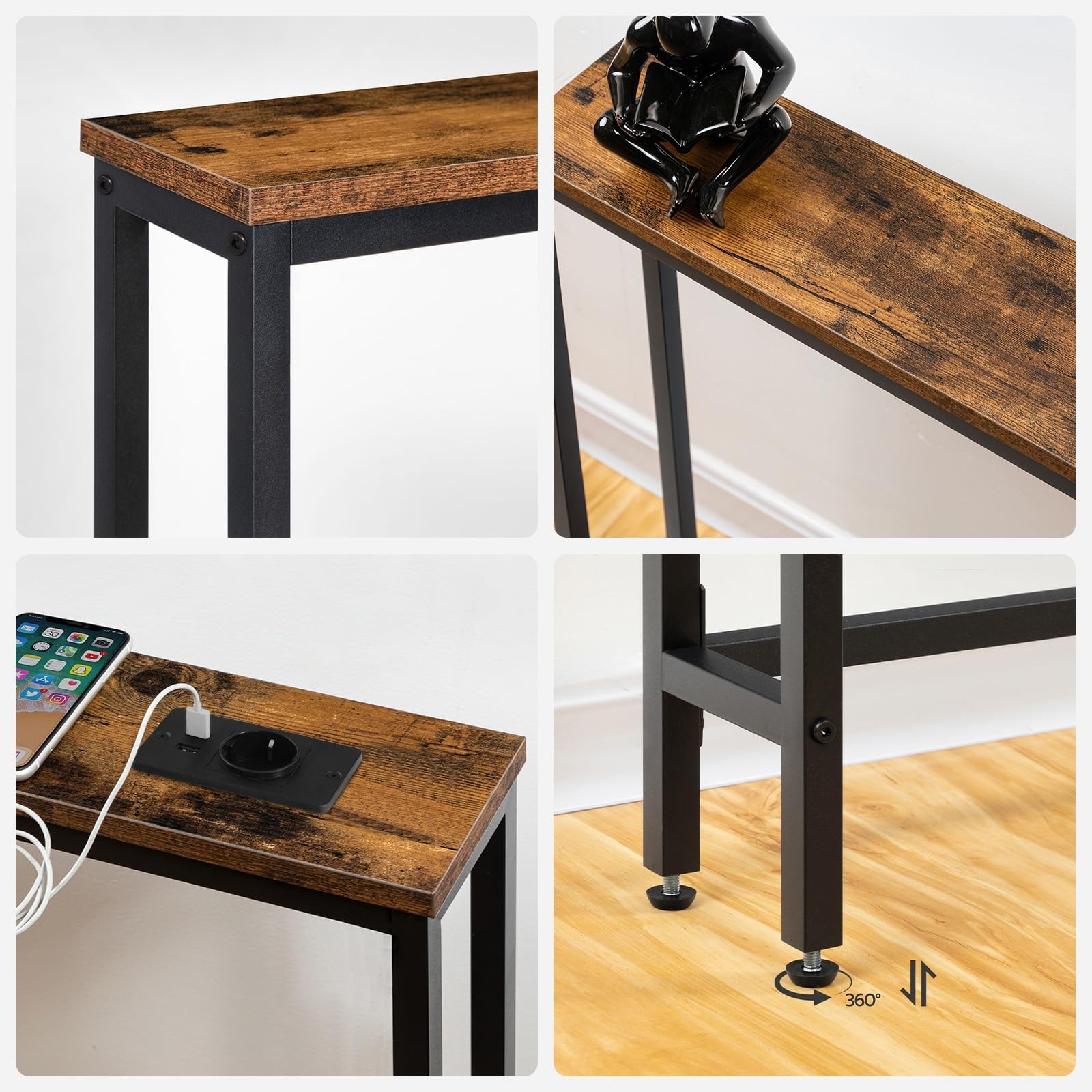 HOOBRO Console Meuble avec Multiprise (1 AC, 1USB-A, 1 Type-C), Table Console étroite avec Station de Charge, Bout de canapé, Table derrière Le canapé, pour Hall, Marron Rustique et Noir EBF15CXG01G1