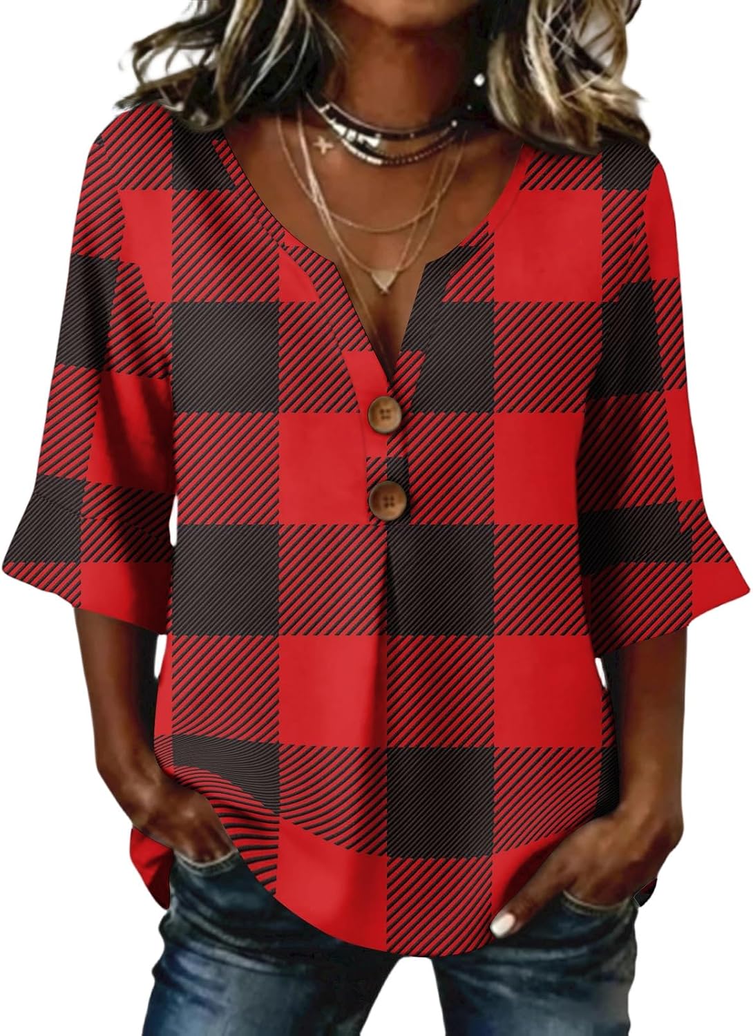 3/4 Length Sleeve Womens Tops Summer V Neck Button Down Henley Shirts Casual Ruched Three Quarter Sleeve Blouses