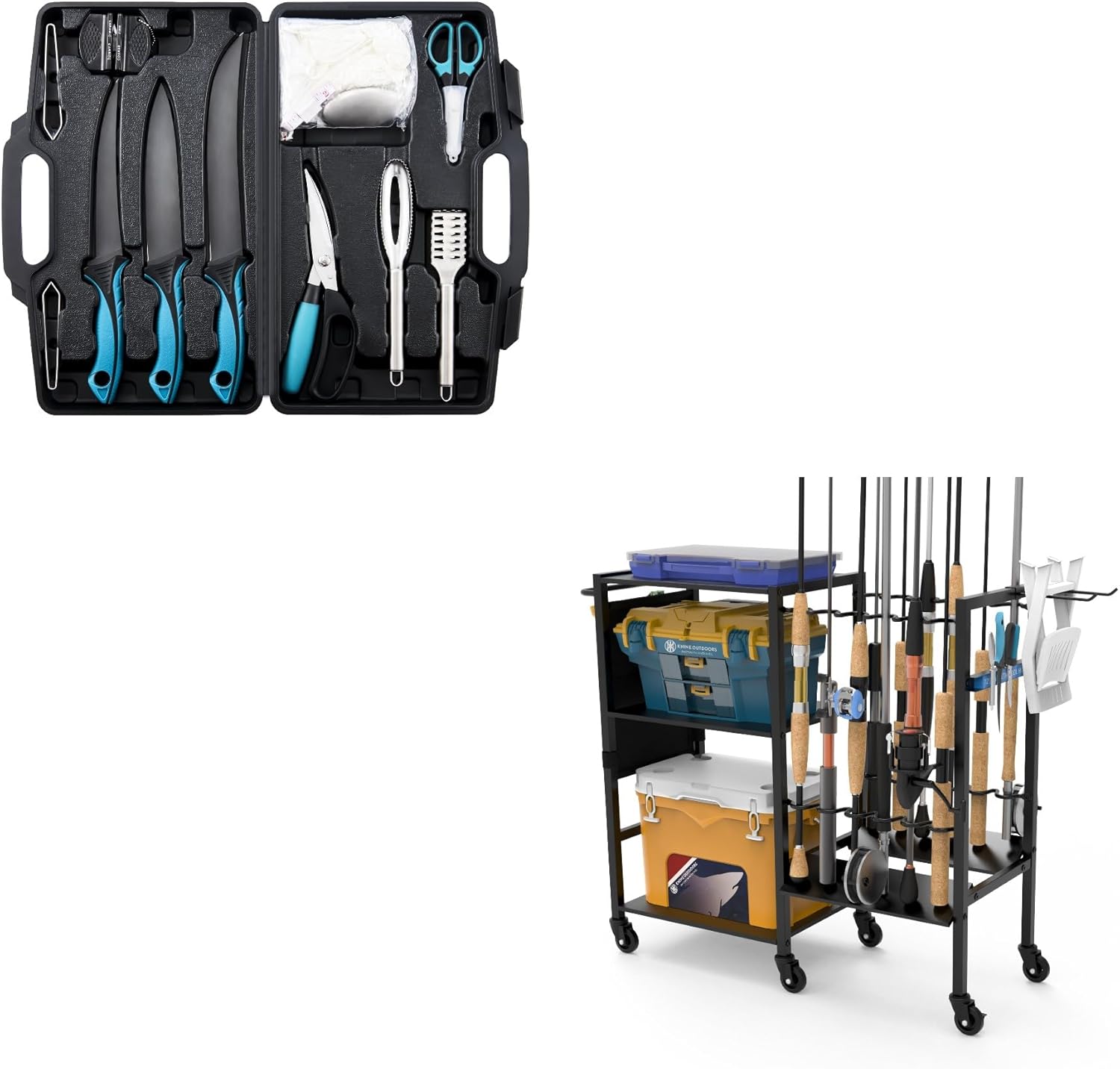 KNINE OUTDOORS Fish Fillet Knife Set Curved Flex 7 inch 9 inch Filet Knife for Filleting and Boning, Fishing Pole Holders for Garage, 12 Fishing Rod Holders Design