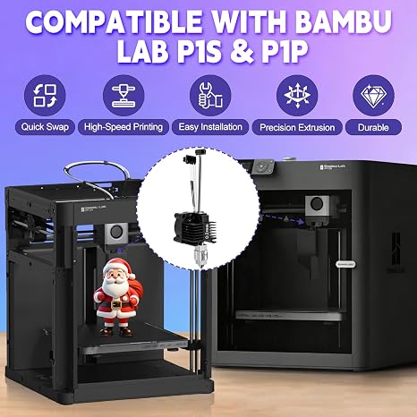 Bambu Lab P1S/P1P用0.2MMホットエンドキット、ファン付き統合P1Sホットエンド、高速印刷P1S押出機加熱ブロックP1SホットエンドおよびBambu Lab P1シリーズ3Dプリンター用フィラメントカッターブレード