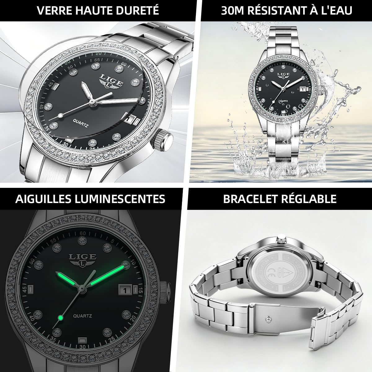 LIGE Montre Femme Quartz Analogique Lunette Strass Cristal Cadran 34mm | Bracelet Métal Argent Aiguilles Lumineuses Affichage Date 3ATM Étanche Verre Anti-Rayures Montre Luxe Mode Cadeau Femme