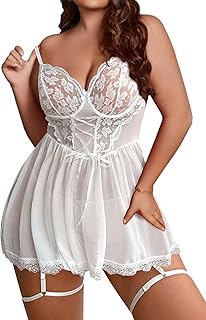 Women Plus Size Lingerie Mesh Babydoll Dress Sexy Lace Nightgown Lace Up Sleepwear Nighty with Gater Belt
