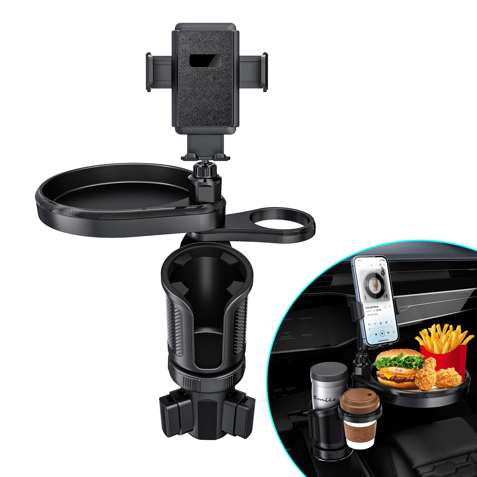 HOLDCYCar Cup Holder Expander, 4-in-1 Car Cup Holder Organizer with Tray & Phone Holder for Snacks, Drinks, and Phones - Fits Most Vehicles - Ultimate Convenience for Commuters and Families