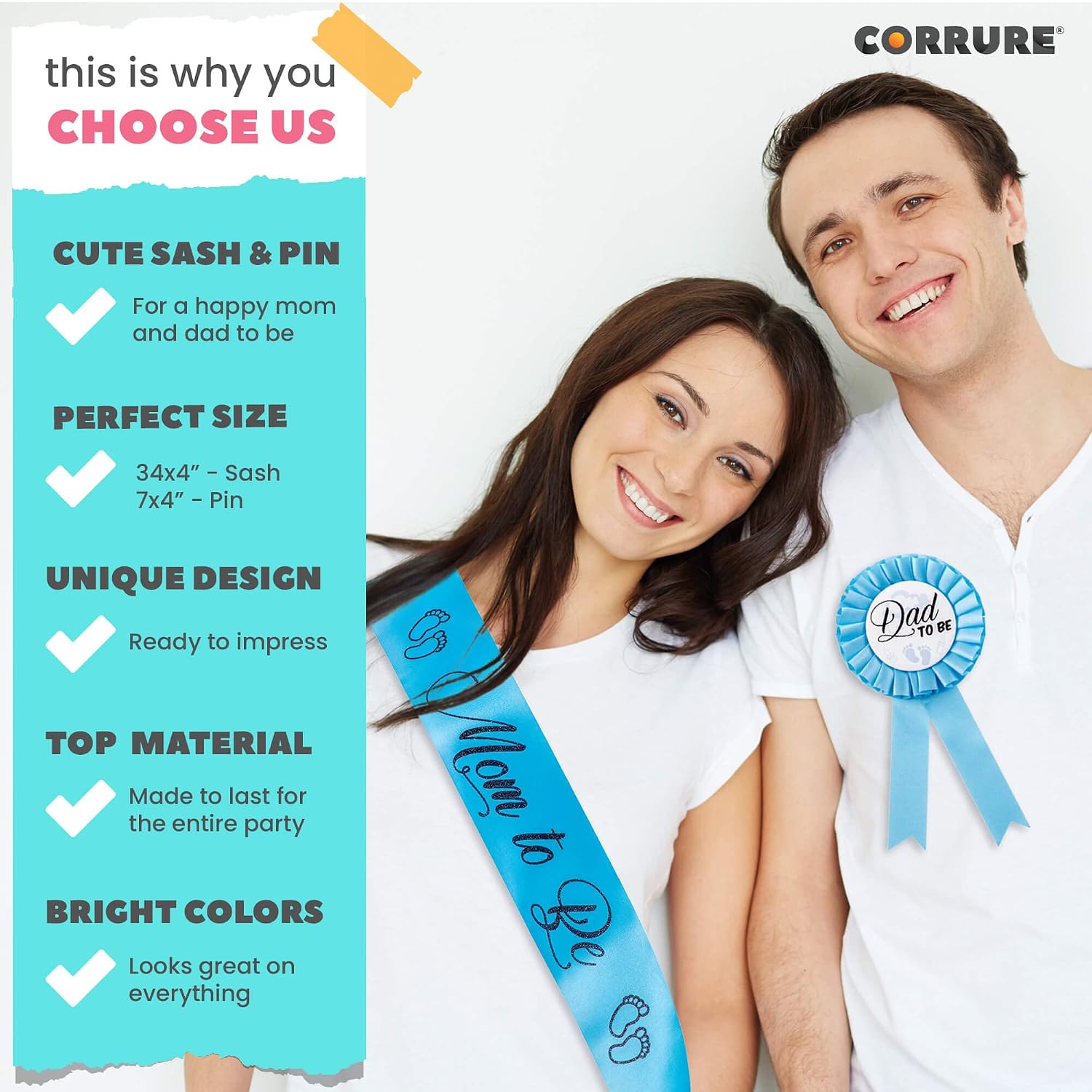 CORRURE Baby Shower Sash and Button Pin for Boy - 'Mom to Be' Sash and 'Dad to Be' Pin with Beautiful Blue Ribbon and Black Glitter Text - Ideal Mom and Dad Gift for Gender Reveal/Baby Shower image 3