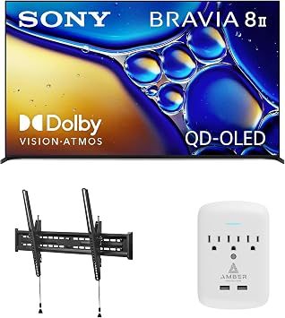Sony K65XR80M2 65 Inch Bravia 8 QD-OLED 4K HDR Google TV with a Walts TILT-MOUNT-43-90 Large/XL Tilt Mount for 43"-98" TVs and Amber Protection 3-Outlet-Surge Surge Protector 2025