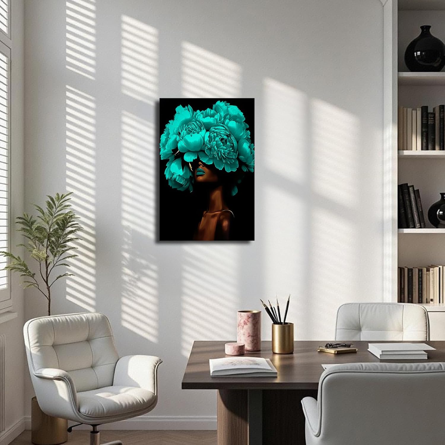 YMXDYMJSW African American Women Wall Art Black Women with Flower Head Pictures Abstract Black Girl Portrait Canvas Prints for Bedroom Decor Frame (Teal,18L x 12W)