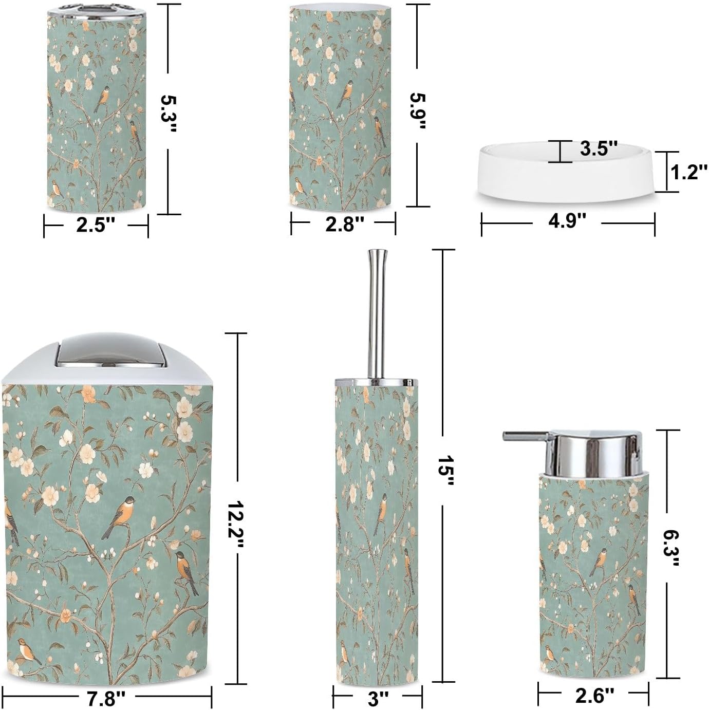 6 Piece Bathroom Accessories Set Vintage Bird Boho Floral Green Leaf Blossoming Branches Birds Motifs Trash can Toilet Brush Holder Toothbrush Holder Toothbrush Cup Soap Dispenser Soap Dish Boho
