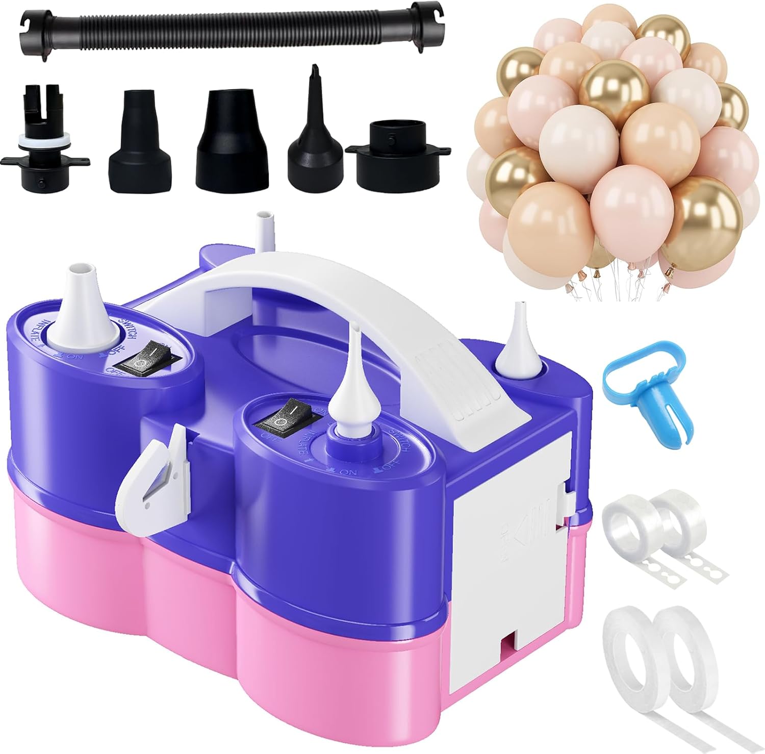 White Sand Gold Balloons Set with Electric Balloon Electric Air Pump Inflatables Machine Dual Nozzle Balloon Pump for Latex 260q Foil Balloons 110V Inflator Deflator Pool Inflatable Bed Vacuum Bag