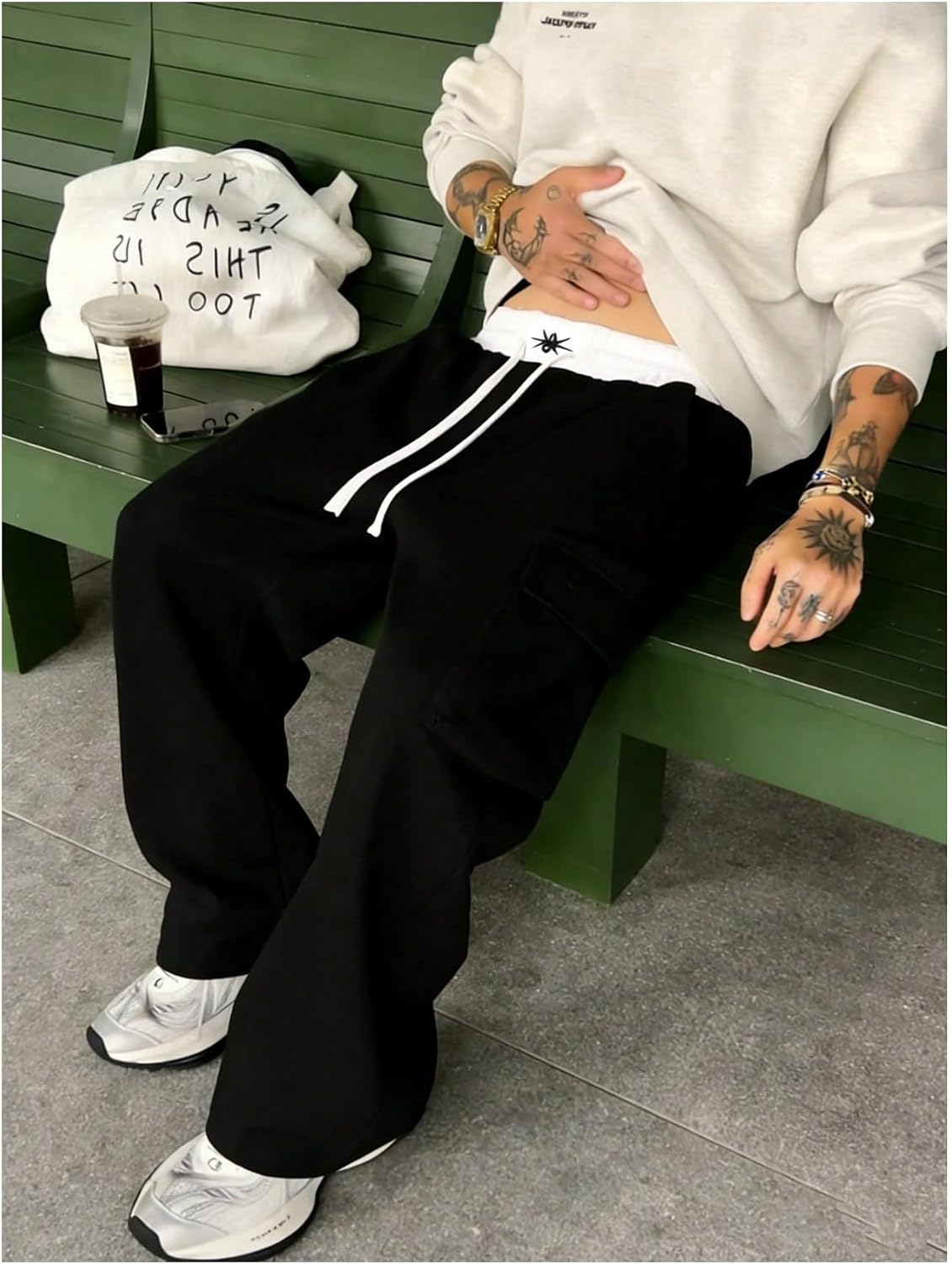 OYOANGLE Men's Graphic Straight Leg Sweatpants Drawstring High Waisted Baggy Jogger Pants with Pockets