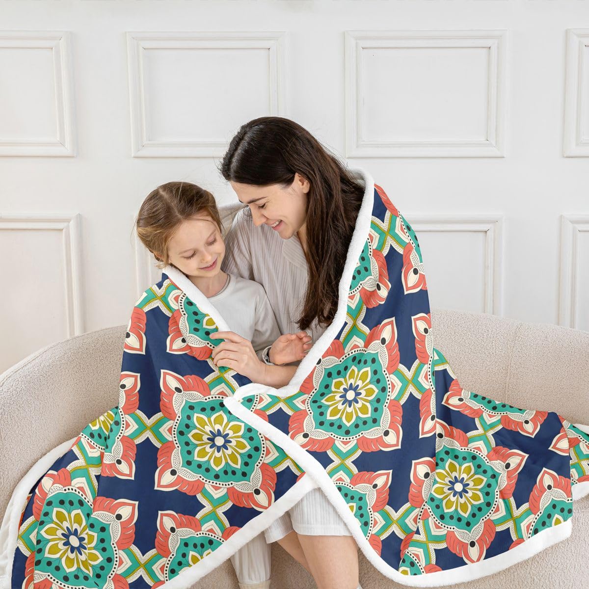 Homewish turkusowy boho kwiatowy puszysty pluszowy narzuta vintage mandala kwiaty polarowy koc hipisowskie kwiaty geometryczny patchwork szerpa koc - bohema plemienna etniczna estetyczna dekoracja