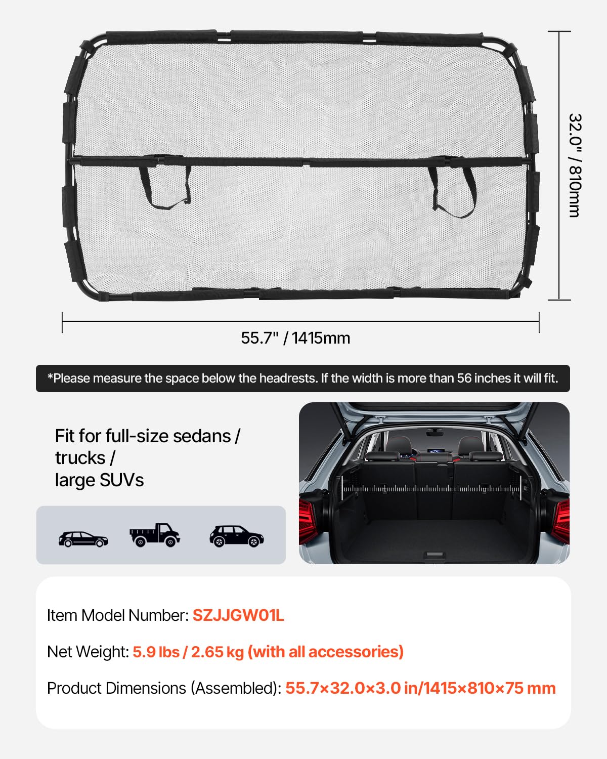 VEVOR Barrera para Perros para el Coche, para Instalación en Asientos Delanteros, con Malla Red Transparente, Universal para Sedanes, Camionetas y SUV de Tamaño Completo, Negro, 1415 x 810 x 75 mm