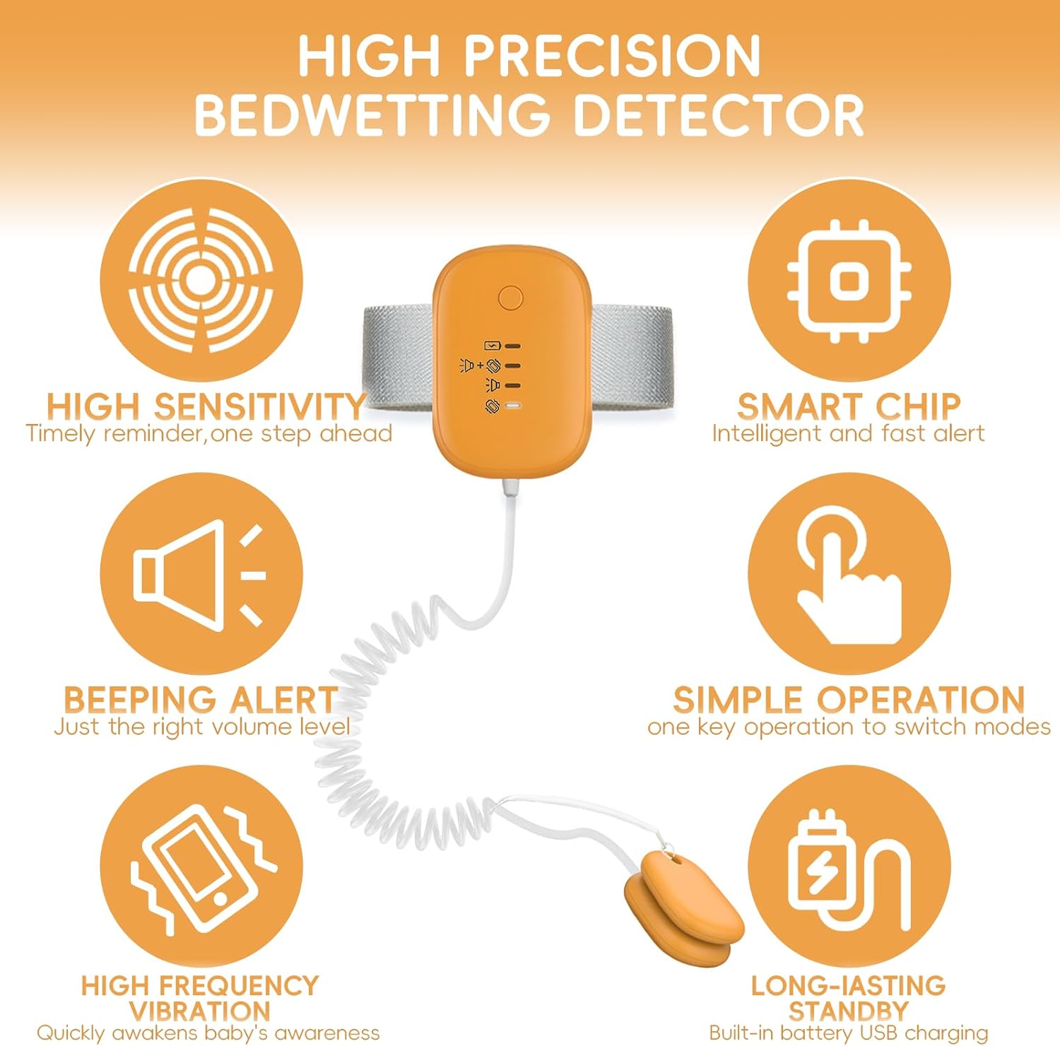 Bed Wetting Alarm for Girls,Boys,3 Alarm Modes-Loud Sound,High Sensitivity Sensors,USB-Charging,Standby Time Over 120 Hours(Orange)