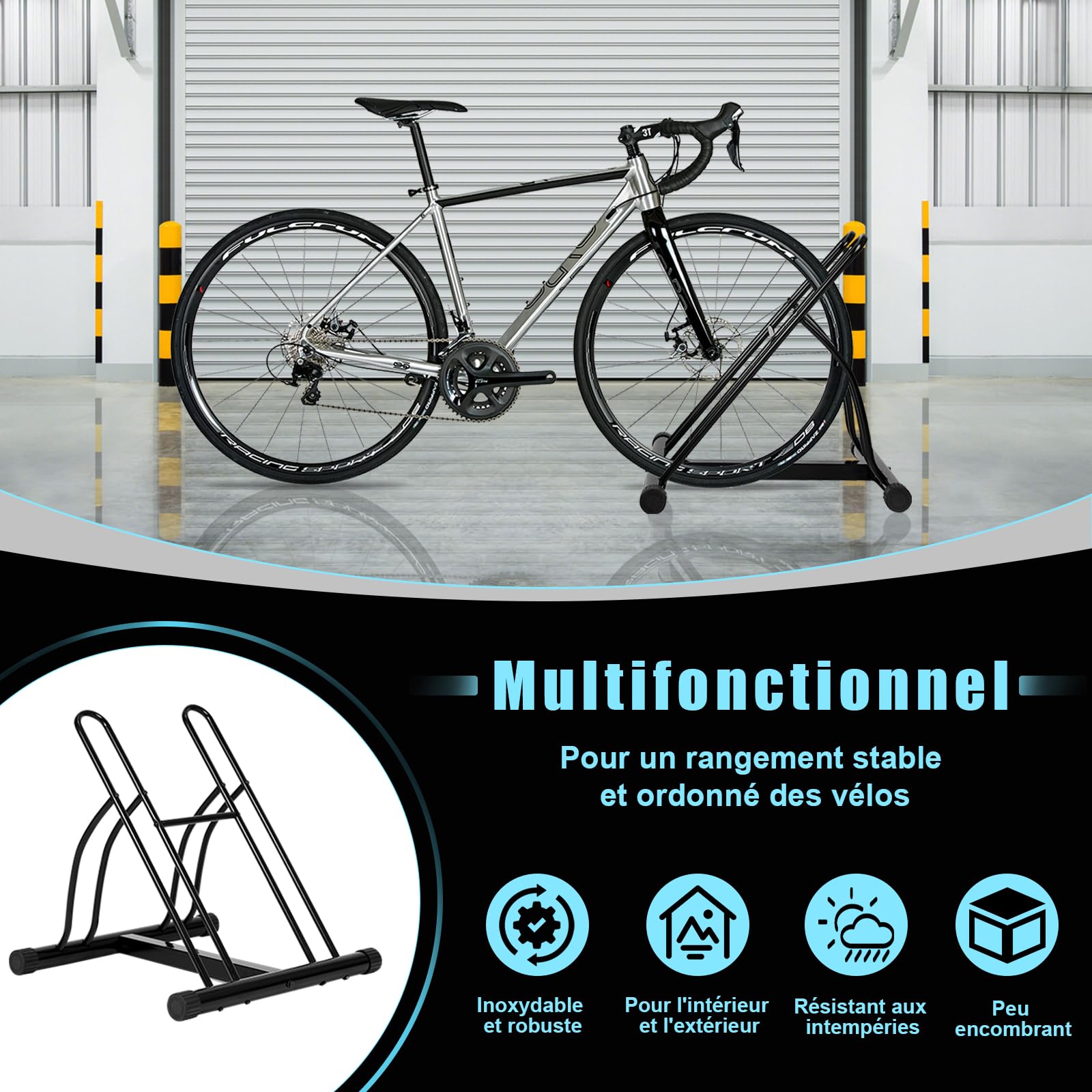 WOLTU Râtelier Vélo, Range Vélo pour 2 Bicyclettes, pour Pneu Max. 60mm, en Métal, pour Garage, Maison, Jardin, Noir