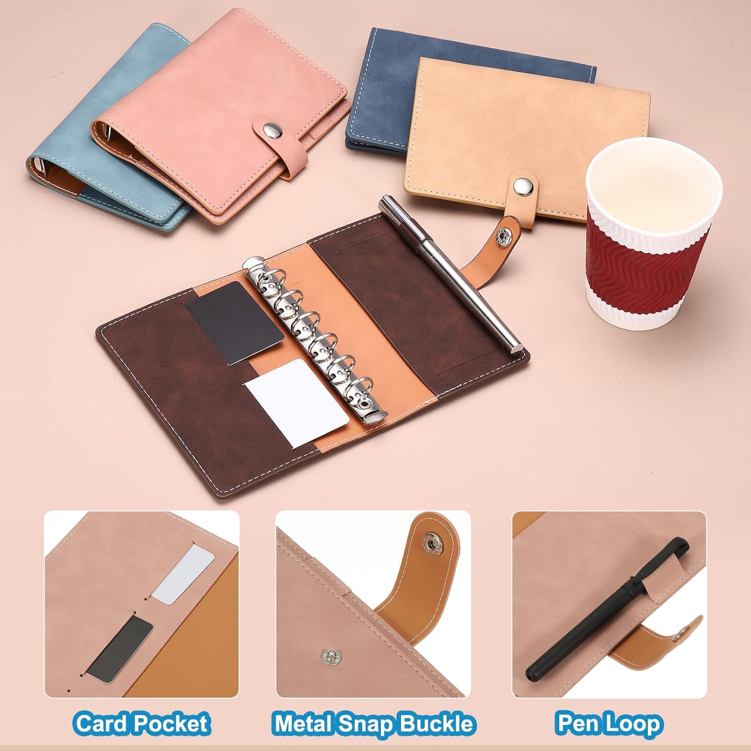 PATIKIL A7 PU Leather Binder Cover, 6 Ring Loose Leaf Binder Protector, Pink - Image 3