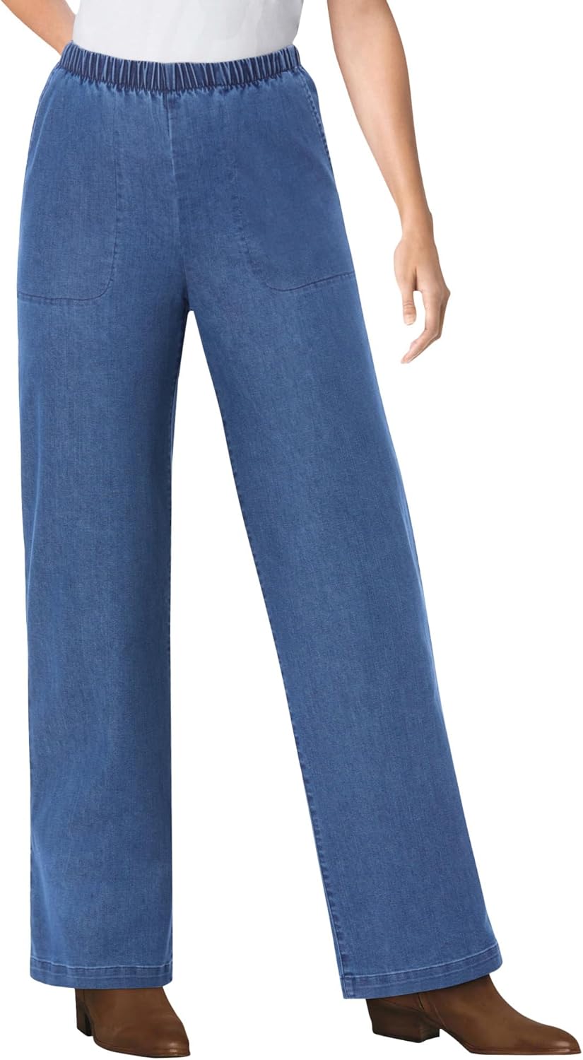 Woman Within Plus Size Fineline Stretch Denim Wide-Leg Pull-On Jeans