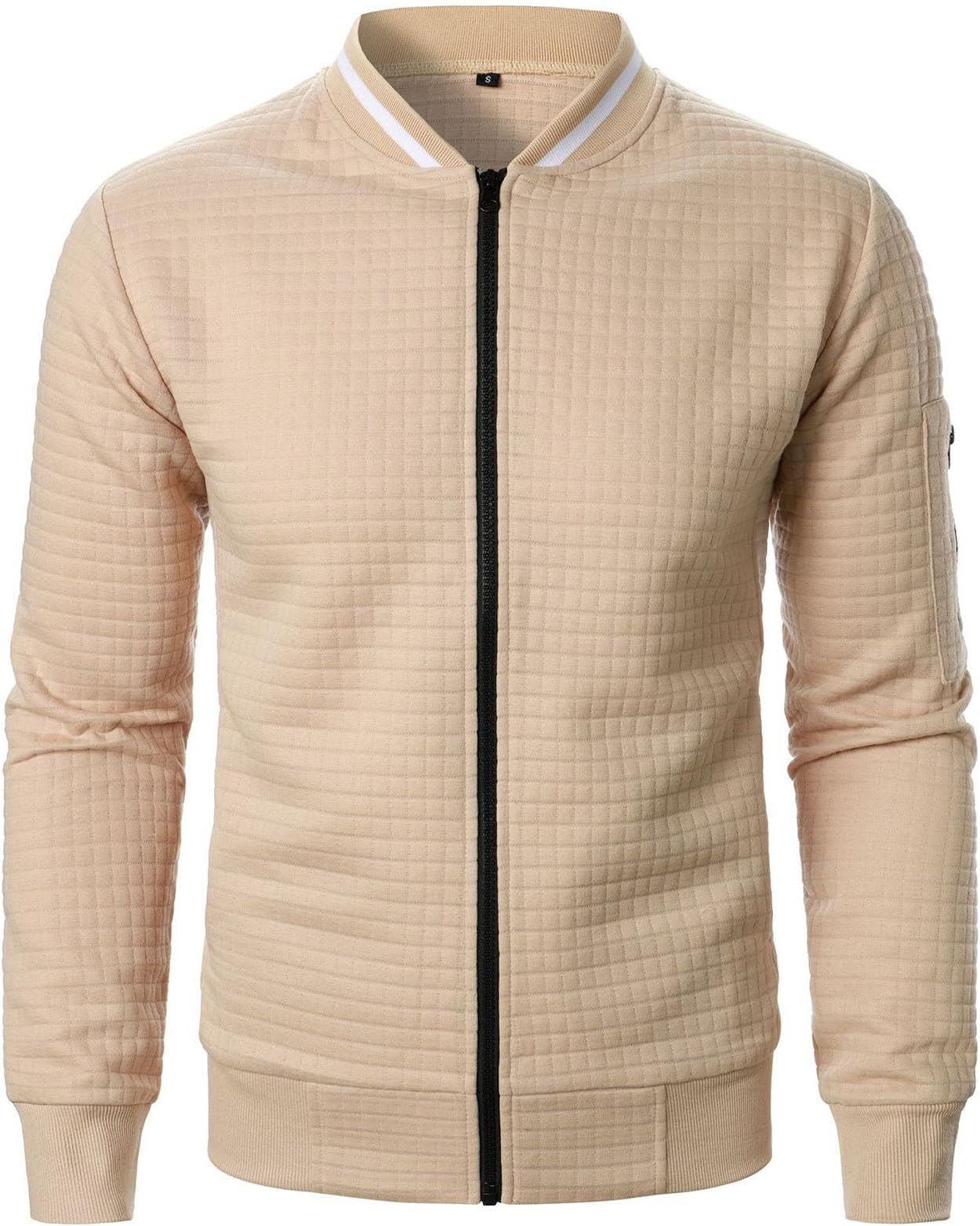 Bomber Jacket Men UK Solid Color Sweatshirts Baseball Jackets Full Zip Stand Collar Coats Lightweight Thin Waffle Coat Long Sleeve Tops Sportwear Plain Outerwear with Pockets S-3XL