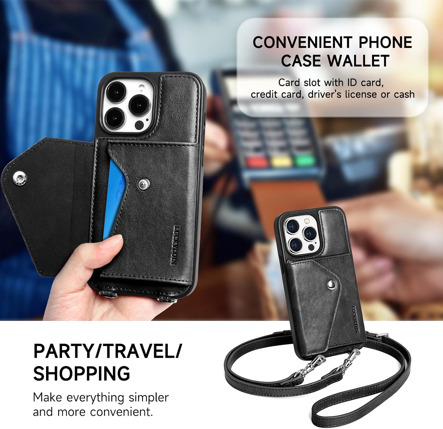 LUCKYCOIN 100% Genuine Leather Crossbody Wallet Phone Case for iPhone 15 Pro, Shockproof Phone Purse with Adjustable Lanyard Strap & Card Holder, Crossbody Purses for Women, Vintage Black