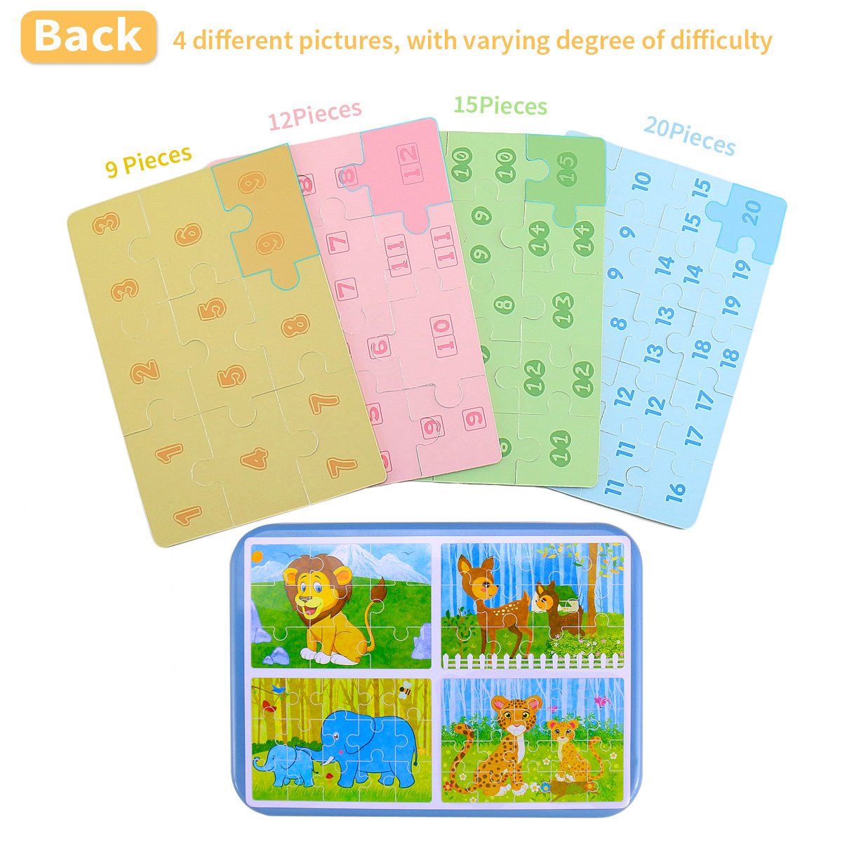 BBLIKE Puzzle - 4 pezzi Giochi Legno Bambini con Confezione in Scatola di Ferro, Foresta Animali(B)