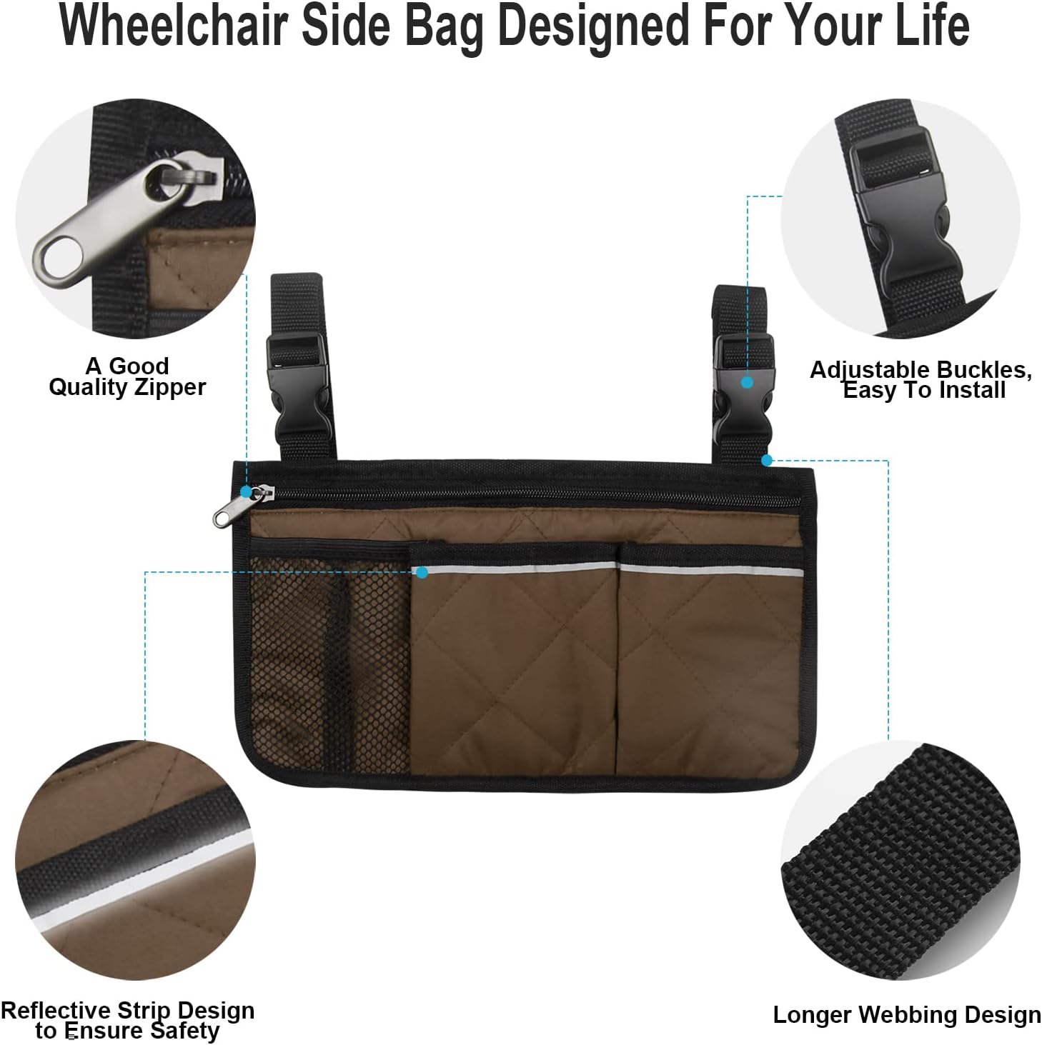 Wheelchair Side Organizer Storage Bag Armrest Pouch with Cup Hold and Reflective Strip, for Most Wheelchairs, Walkers or Rollators (Coffee) : Health & Household