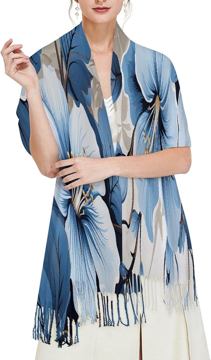 Blue Hibiscus Flower Scarf for Women Men Classic Fashion Blanket Scarves Soft Cashmere Feel Scarf Cold Weather Warm Long Shawl Winter Large Scarves Classic Blanket Scarfs Thick
