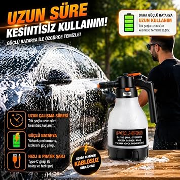 Polham Yeni Nesil 2L Şarjlı Otomatik Basınçlı Araç Yıkama Köpük Püskürtücü, Araç, Jant, Bahçe Yıkama Pompası