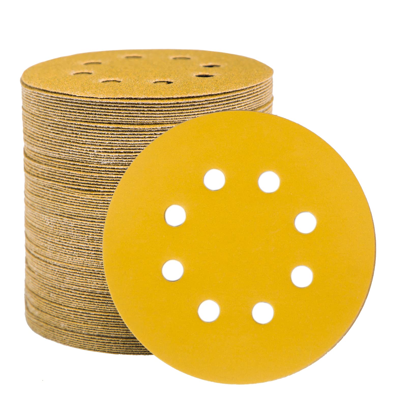 STEBRUAM100pcs 125mm sanding discs, Sanding Discs Pads for Random Orbital Sander pads and All Oscillating Tools, yellow sanding discs 125mm Hook and Loop 240 Grit 8 Hole 5 Inch Round