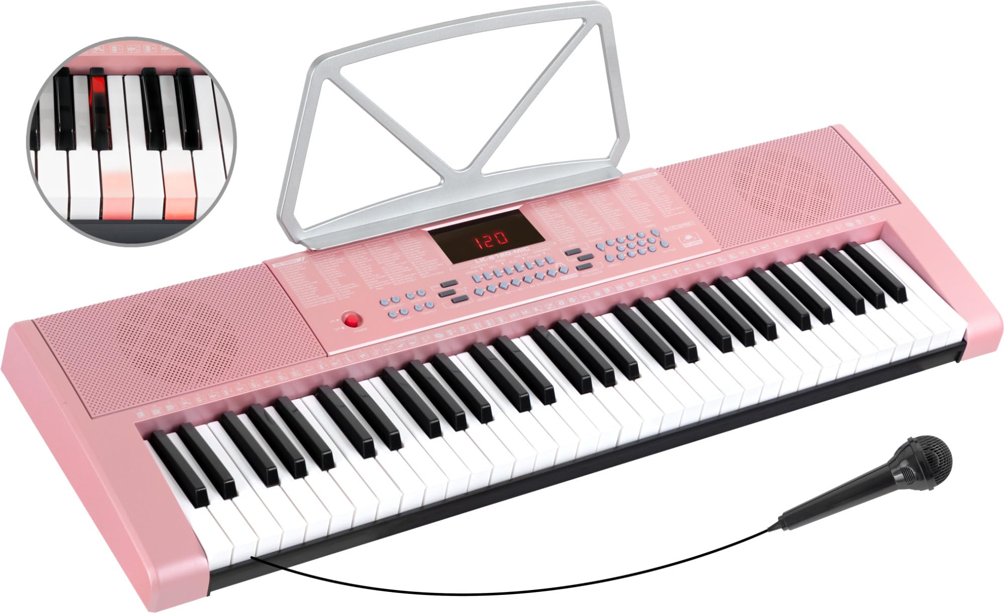 McGrey LK-6120-MIC Keyboard - Einsteiger-Keyboard mit 61 Leuchttasten - 255 Sounds und 255 Rhythmen - 50 Demo Songs - Inklusive Mikrofon - Pink