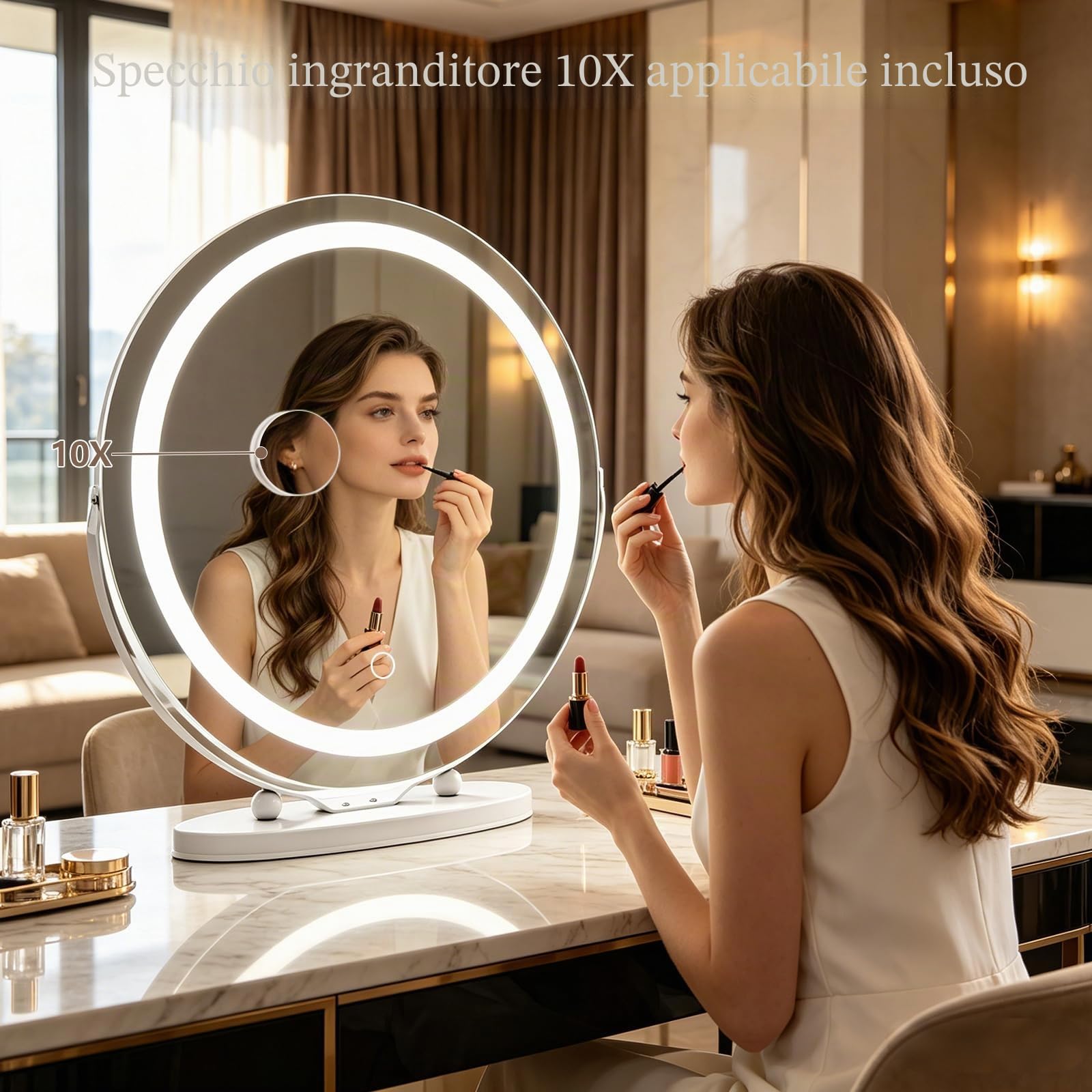 Hollywood - Specchio cosmetico con luci, 48 cm, rotondo, LED, con 3 modalità di illuminazione, ingrandimento 10x, controllo touch, luce dimmerabile, rotazione a 360°,bianco