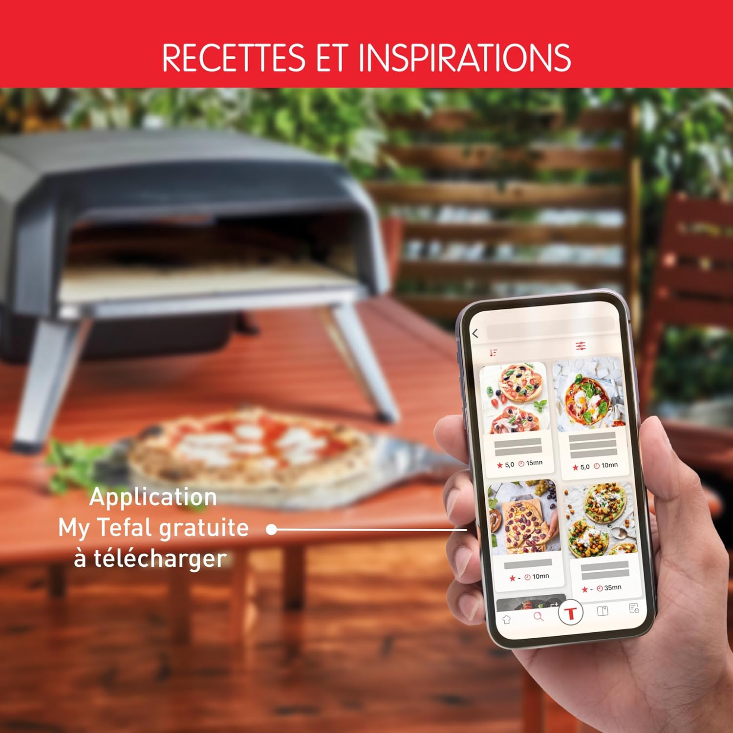 Smartphone displaying the MyTefal app with various pizza recipes