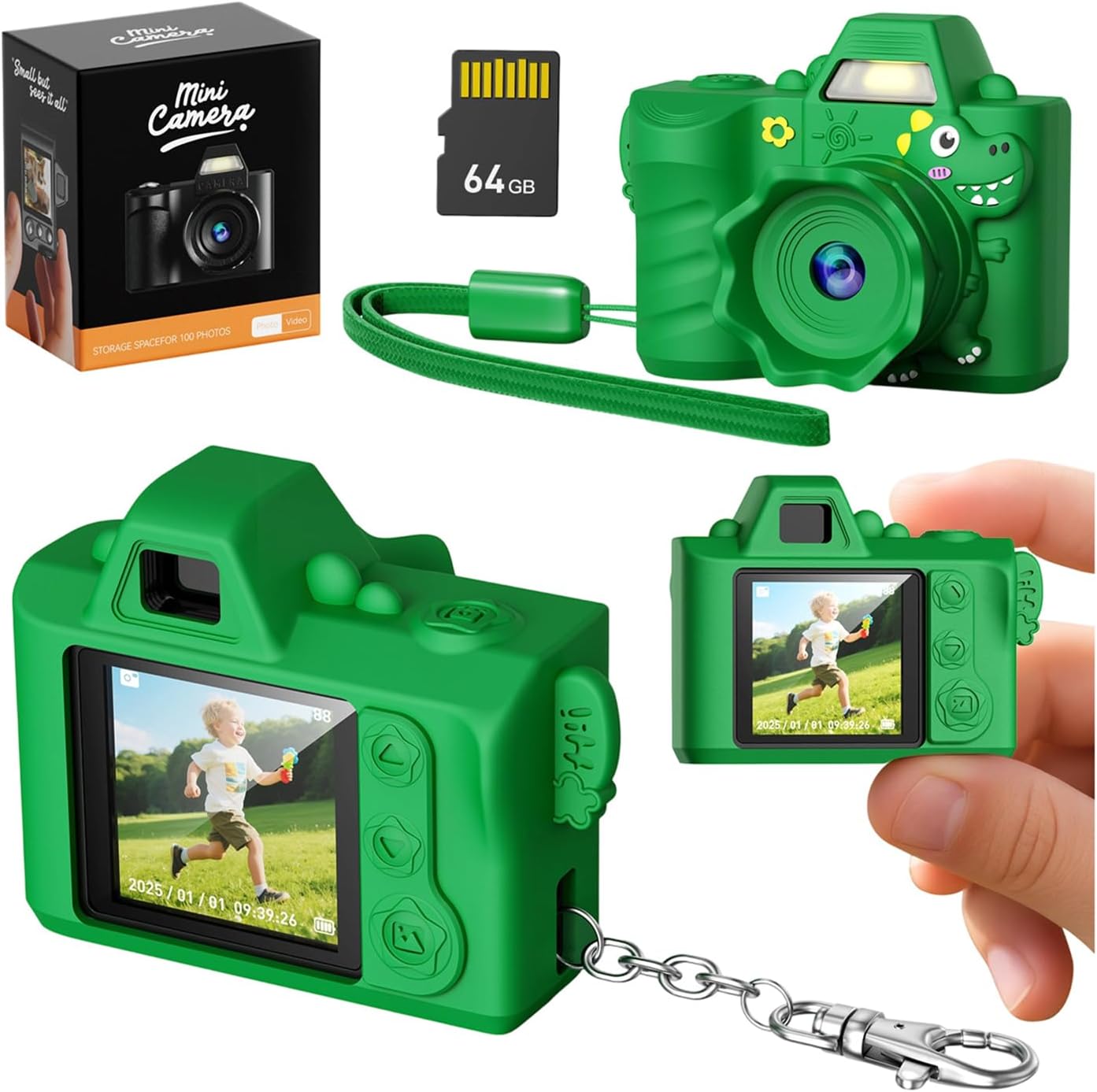 Mini Keychain Camera, HD Video Tiny Retro Digital Camera, 64MP Lens, 64G Memory Card, Portable Small, Fun Pocket-Sized Gadget, Collectible Gift for Travel, Birthdays & Stocking Stuffers (Green)