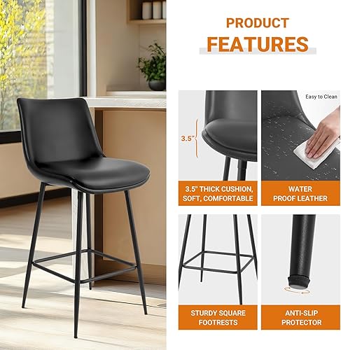 Miniatura 3 de Juego de 3 taburetes de bar tapizados de piel sintética con certificación FSC con respaldo, base de metal, altura del asiento de 27 pulgadas (negro)