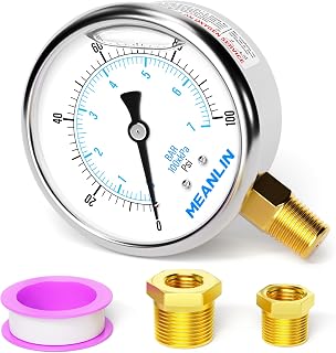 MEANLIN MEASURE 0-100 PSI Stainless Steel Liquid Filled Pressure Gauge 1/4" NPT 2.5" Dial Lower Mount w/ 1/2" & 3/8" Bushings