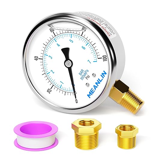 MEANLIN MEASURE 0~100Psi Stainless Steel 1/4" NPT 2.5" FACE DIAL Liquid Filled Pressure Gauge WOG Water Oil Air Lower Mount, with 1/4" x 1/2" NPT and 1/4" x 3/8" NPT Hex Bushing