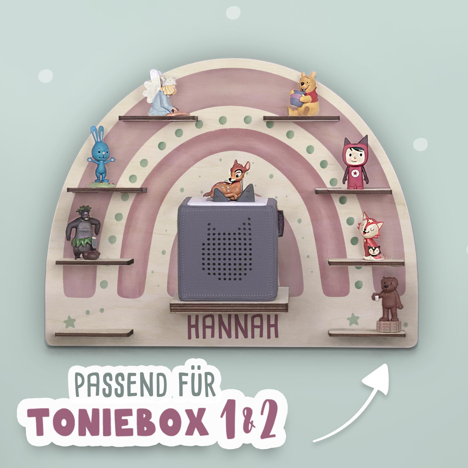 hellomini Personalisiertes Tonie Regal Mädchen - Toniebox 1 & Toniebox 2 Regal mit Wunschnamen fürs Kinderzimmer - Regal Mädchen - Kinder - Toniebox Aufbewahrung (Regenbogen Druck)