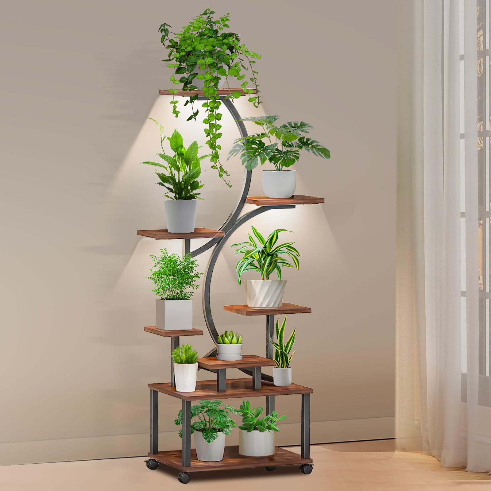 Plant Stand Indoor with Grow Light, 8 Tiered Tall Plant Shelf indoor for Indoor Plants Multiple, 62" Large Metal Plants Flower Holder Stand, Curved Shaped Display Rack for Living Room, Patio